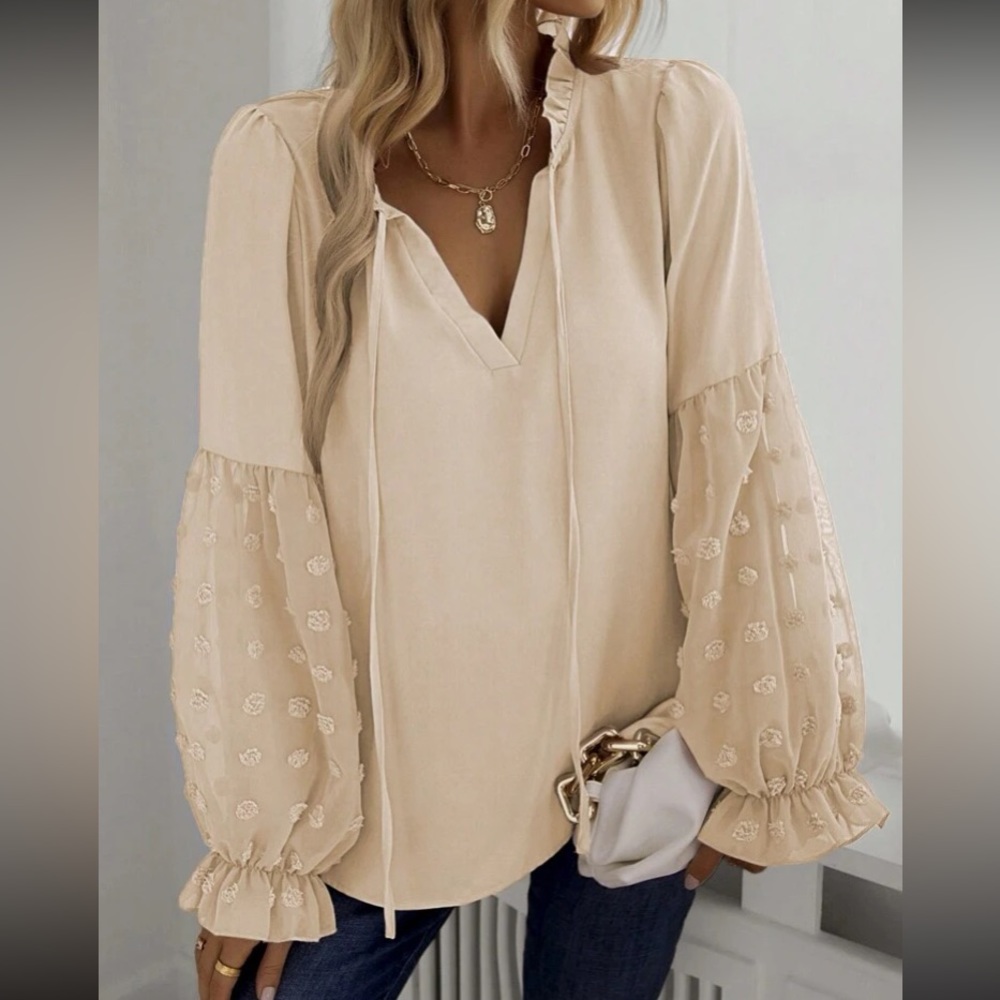 Elegant Oversized Cream Blouse with Semi-sheer Embroidered Sleeves - Picture 2 of 5
